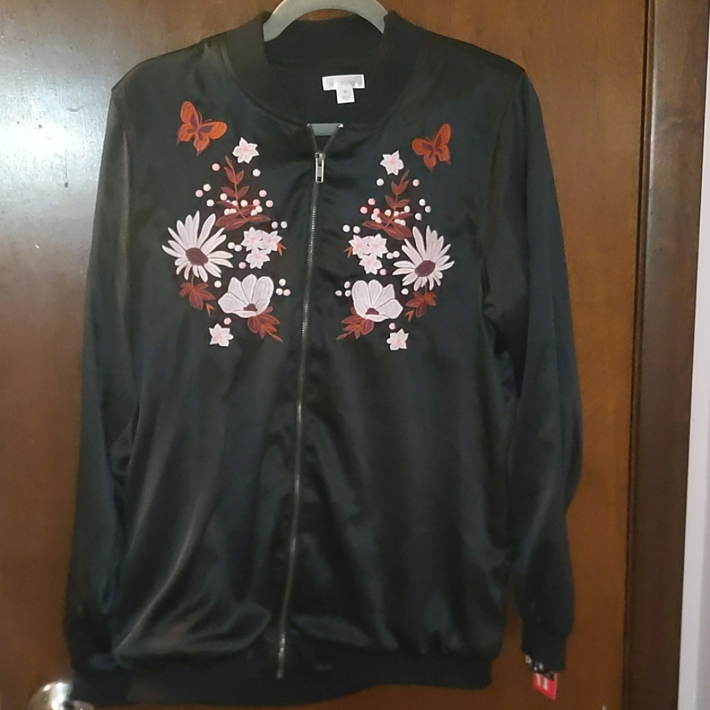 Black Satin Embroidered Bomber Jacket